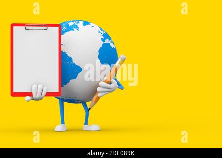 Earth Globe Character Maskottchen mit roter Plastikschablone, Papier und Bleistift auf gelbem Hintergrund. 3d-Rendering Stockfoto