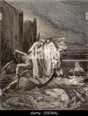 Dante Divina Commedia - Hölle - fünfter Kreis - Virgil Jagt Filippo Argenti weg, der versucht, sich an der zu Klammern Boot - Canto VIII - Illustration von Gustave Dorè Stockfoto