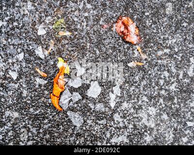 Draufsicht auf gefrorene gefallene Blätter auf eisbedeckte Oberfläche von Asphaltwanderweg nach Glatteisregen am kalten Herbsttag Stockfoto