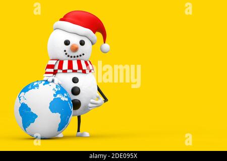 Schneemann in Weihnachtsmann Hut Charakter Maskottchen mit Earth Worldwide Globe auf einem gelben Hintergrund. 3d-Rendering Stockfoto