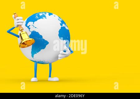 Earth Globe Character Maskottchen mit Vintage Golden School Bell auf einem gelben Hintergrund. 3d-Rendering Stockfoto