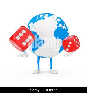 Erde Globe Charakter Maskottchen mit roten Würfel im Flug auf einem weißen Hintergrund. 3d-Rendering Stockfoto