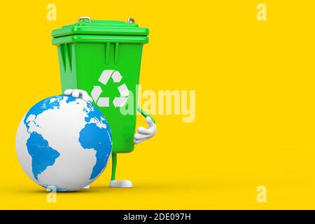 Recycle Sign Green Müll Papierkorb Zeichen Maskottchen mit Erde Globus auf einem gelben Hintergrund. 3d-Rendering Stockfoto