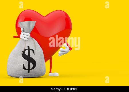 Rotes Herz Zeichen Maskottchen und gebunden Rustikale Leinwand Leinen Geld Sack oder Geldbeutel mit Dollar-Zeichen auf einem gelben Hintergrund. 3d-Rendering Stockfoto