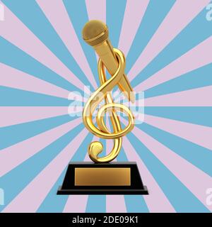 Golden Music Treble Clef mit Mikrofon Award Trophy auf einem Vintage Star Shape Pink und Blau Hintergrund. 3d-Rendering Stockfoto