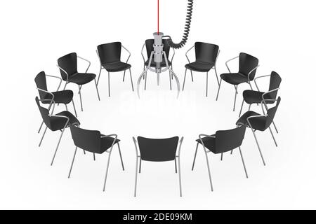 Schwarze Bürostühle um Chrome Robotic Claw auf weißem Hintergrund. 3d-Rendering Stockfoto