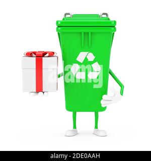 Recycling-Zeichen Green Müll Papierkorb Zeichen Maskottchen mit Geschenkbox und rotem Band auf weißem Hintergrund. 3d-Rendering Stockfoto