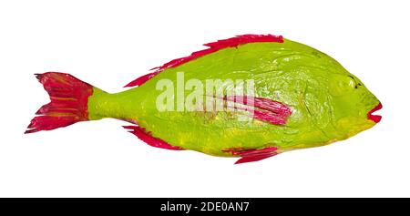 Meisterkurs für Fischzeichnen in Technik Monotype - rot und Grün gefärbte Orata Fische auf weißem Hintergrund ausgeschnitten Stockfoto