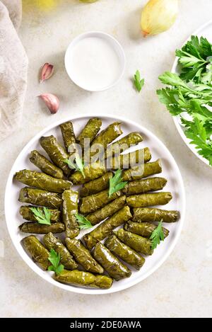 Dolma, gefüllte Traubenblätter mit Reis und Fleisch auf hellem Stein Hintergrund. Draufsicht, flach liegend Stockfoto