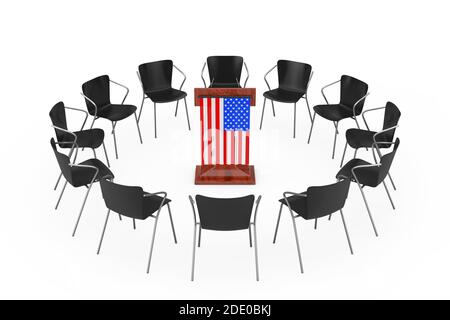 Schwarze Bürostühle um hölzerne Rede-Tribüne mit USA-Flagge auf weißem Hintergrund. 3d-Rendering Stockfoto