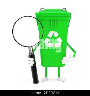 Recycle Sign Green Müll Papierkorb Zeichen Maskottchen mit Vergrößerungsglas auf einem weißen Hintergrund. 3d-Rendering Stockfoto