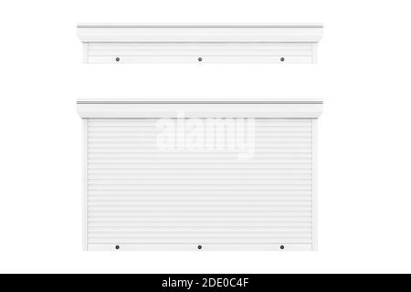 Geöffnet und geschlossen schützen White Garage und Shop Rollläden System auf weißem Hintergrund. 3d-Rendering Stockfoto