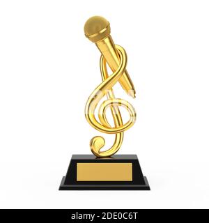 Golden Music Treble Clef mit Microphone Award Trophy auf weißem Hintergrund. 3d-Rendering Stockfoto
