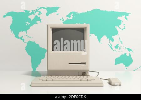 Retro Personal Computer. Die Systemeinheit, der Monitor, die Tastatur und die Maus vor der Weltkarte auf weißem Hintergrund. 3d-Rendering Stockfoto