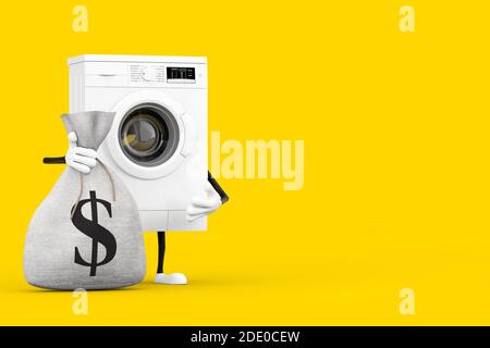 Moderne weiße Waschmaschine Charakter Maskottchen mit gebunden Rustikale Leinwand Leinen Geld Sack oder Geldbeutel mit Dollar-Zeichen auf einem gelben Hintergrund. 3d-Rendering Stockfoto