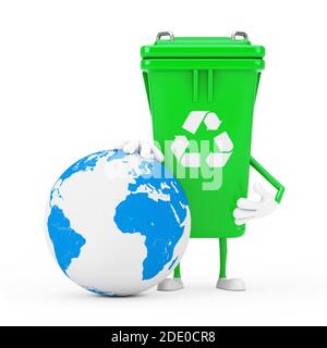 Recycle Sign Green Müll Papierkorb Zeichen Maskottchen mit Erde Globus auf einem weißen Hintergrund. 3d-Rendering Stockfoto