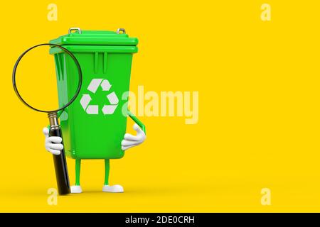 Recycle Sign Green Müll Papierkorb Zeichen Maskottchen mit Vergrößerungsglas auf einem gelben Hintergrund. 3d-Rendering Stockfoto