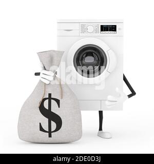 Moderne weiße Waschmaschine Charakter Maskottchen mit gebunden Rustikale Leinwand Leinen Geld Sack oder Geldbeutel mit Dollar-Zeichen auf einem weißen Hintergrund. 3d-Renderi Stockfoto