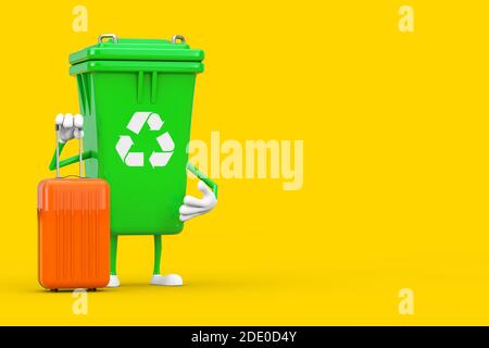 Recycle Sign Green Müll Papierkorb Zeichen Maskottchen mit Orange Reise Koffer auf einem gelben Hintergrund. 3d-Rendering Stockfoto