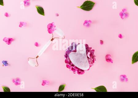 Draufsicht Komposition mit rosa Jade Roller Gesicht Massagegerät und Gouache Scraper auf Hortensien Blume auf dem rosa Hintergrund mit Blütenblättern und grünen Blättern Stockfoto