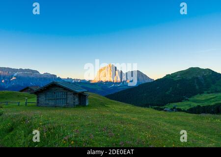 Sommer Blick auf Seceda Geislergruppe Puezgruppe Berg- und Holz- Chalets in Dolomiten, Trentino Alto Adige, Südtirol, Italien Stockfoto