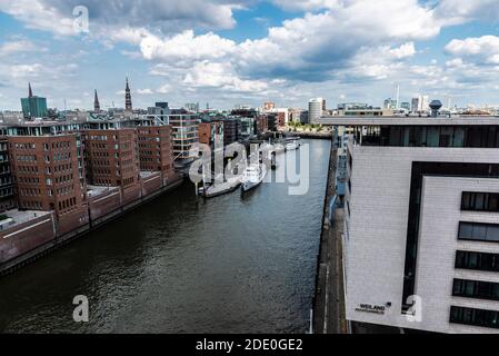Hamburg, Deutschland - 21. August 2019: Überblick über die HafenCity, ein Viertel der Stadt Hamburg, Deutschland Stockfoto