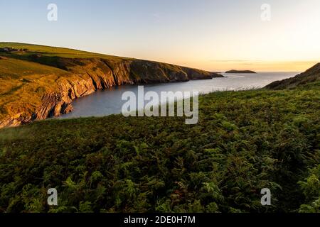 Der abgeschiedene Strand von Mwnt, einer der vielen Orte, die vom Ceredigion Coastal Path, Wales, aus gesehen werden können Stockfoto