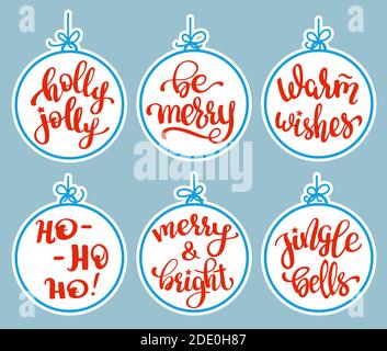 Set von runden Weihnachtsstickern mit festlichem Schriftzug. Weihnachtsetiketten und Sticker für die Dekoration von Geschenken für Winterferien Stock Vektor