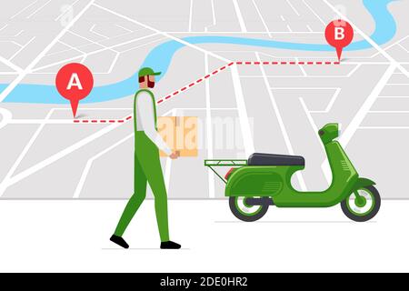 Lieferkurier brachte Frachtgut-Paket-Box auf Moped folgende Navigationsroute auf Stadtplan mit GPS-Position Pins. Schnelle Scooter Versand Bestellung s Stock Vektor