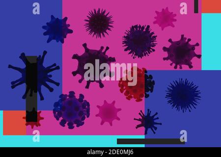 Verschiedene Arten von Viren, Coronavirus, COVID-19, Herpes, Geschwindigkeit hiv auf farbigem Hintergrund. Erregerviren. 3d-Rendering Stockfoto