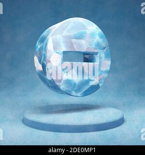 Minus-Kreis-Symbol. Cracked blauen Eis minus Kreis Symbol auf blauem Schnee Podium. Social Media Symbol für Website, Präsentation, Design-Template-Element. 3D Stockfoto