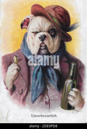 Hund als Mensch gekleidet steht aufrecht mit Getränk in der Hand. Stockfoto