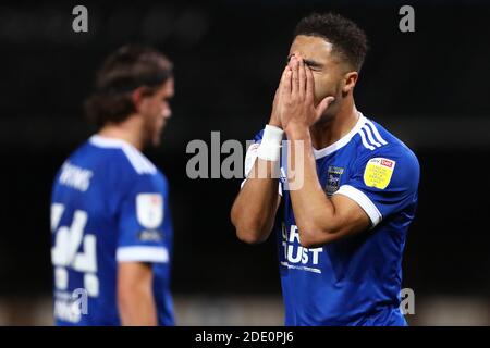 Keanan Bennetts von Ipswich Town reagiert nach einer engen Torarbeit - Ipswich Town V Hull City, Sky Bet League One, Portman Road, Ipswich, UK - 24. November 2020 nur zur redaktionellen Verwendung - es gelten die DataCo-Einschränkungen Stockfoto