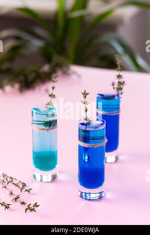 Blaue und grüne alkoholische Schüsse mit einem Zweig von Thymian verziert, Schnapsgläser mit farbigen Schnaps auf rosa Hintergrund Stockfoto
