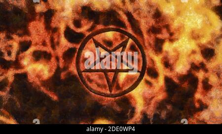 Umgekehrtes Pentagramm auf feurigem Hintergrund. Künstlerische Arbeit zum Thema Religion Stockfoto