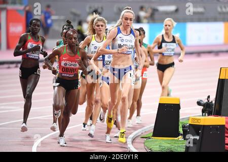 Eilish McColgan (GBR), Karissa Schweizer (USA), Hellen Obiri (KEN), Tsehay Gemechu. 5000 Meter Frauen Finale. IAAF Leichtathletik-Weltmeisterschaften, Doha Stockfoto