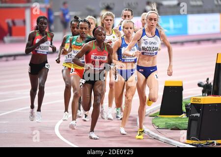 Eilish McColgan (GBR), Karissa Schweizer (USA), Hellen Obiri (KEN), Tsehay Gemechu. 5000 Meter Frauen Finale. IAAF Leichtathletik-Weltmeisterschaften, Doha Stockfoto