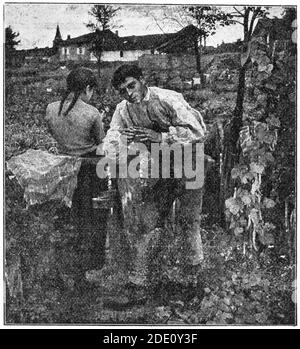 The Village Lovers (L'Amour au Village) von einem französischen Maler Jules Bastien-Lepage. Illustration des 19. Jahrhunderts. Weißer Hintergrund. Stockfoto