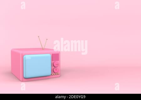 3d-Rendering eines alten Fernsehers. Pink Cartoon TV mit blauem Bildschirm auf einem rosa Hintergrund. Beauty News Konzept. Stockfoto