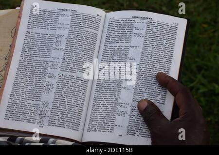 Buch lesen, Nahaufnahme eines Buches, großes Buch studieren Stockfoto