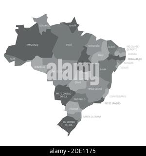 Graue politische Landkarte von Brasilien. Verwaltungsabteilungen - Staaten. Einfache flache Vektorkarte mit Beschriftungen. Stock Vektor