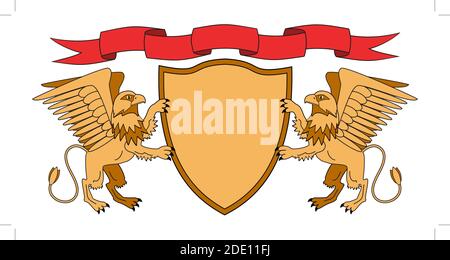 Grips halten einen Schild. Schild mit Band. Heraldik. Mittelalterliches Emblem. Vektor-Iillustrations Stock Vektor