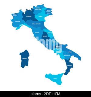 Blaue Karte von Italien in 20 Verwaltungsregionen unterteilt. Weiße Etiketten. Einfache flache Vektordarstellung. Stock Vektor