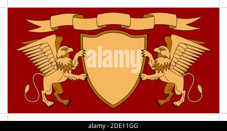 Grips halten einen Schild. Schild mit Band. Heraldik. Mittelalterliches Emblem. Vektor-Iillustrations Stock Vektor