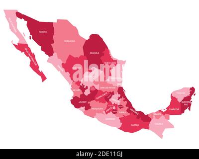 Rosa politische Karte von Mexiko. Verwaltungsabteilungen - Staaten. Einfache flache Vektorkarte mit Beschriftungen. Stock Vektor