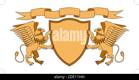 Grips halten einen Schild. Schild mit Band. Heraldik. Mittelalterliches Emblem. Vektor-Iillustrations Stock Vektor