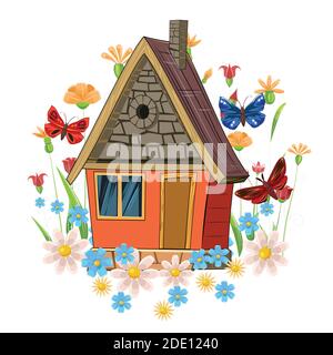 Steinhaus. Fabelhafte Cartoon-Objekt. Niedlicher Kinderstil. Uralte Wohnung. Winzig, klein. Vor dem Hintergrund von Blumen und Schmetterlingen. Isoliert Stock Vektor