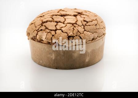 Panettone (italienische Weihnachtskuchen) aus Mailand, vorbereitet, um Weihnachten und Neujahr zu feiern, isoliert auf weiß Stockfoto