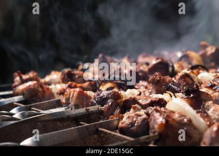 Shish Kebab braten auf dem Grill. BBQ party. Close-up. Stockfoto