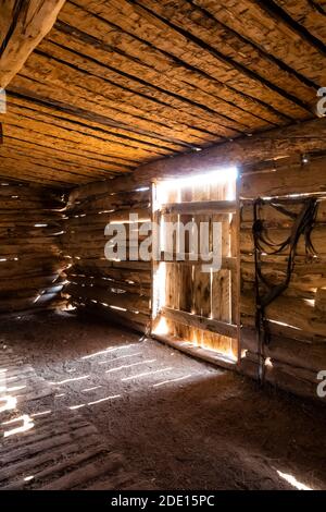 Tür in Scheune mit Licht, das durch Risse in Caroline Lockhart Historic Ranch Site in Bighorn Canyon National Recreation Area, in der Nähe von Lovell, Wyo Stockfoto